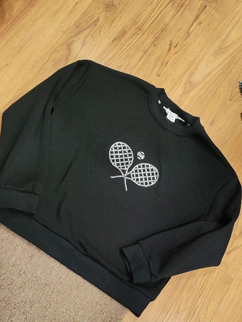 Women's Black Crewneck Sweatshirt with Tennis Racket Graphic